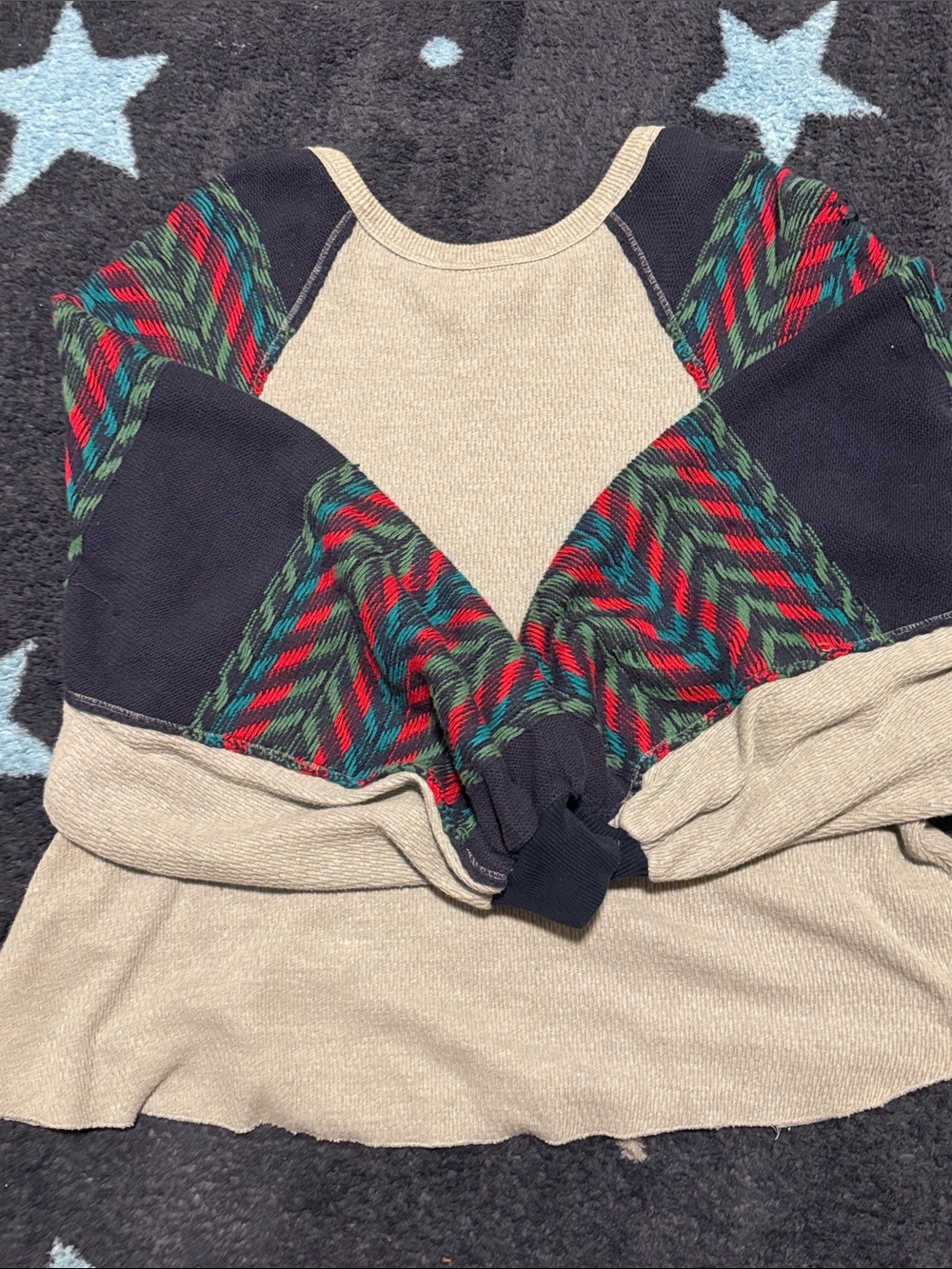 Free People Beige Sweater with Black, Red and Green Patterned Sleeves